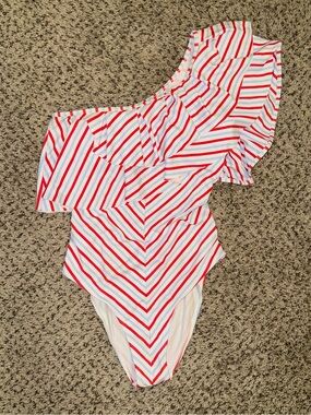 One-Shoulder Ruffled Patriotic Striped Women’s Swimsuit w/Cut-Out Back